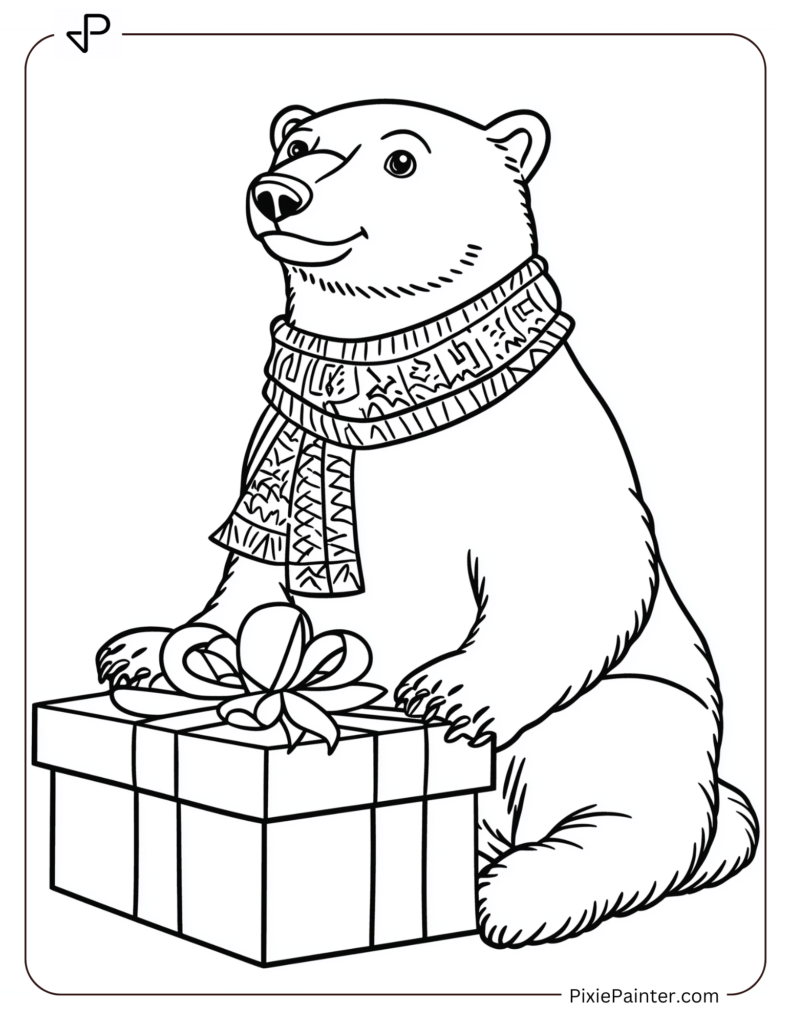 A polar bear wearing a scarf, sitting on a gift