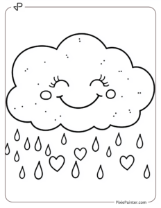 A smiling cloud with tiny heart-shaped raindrops