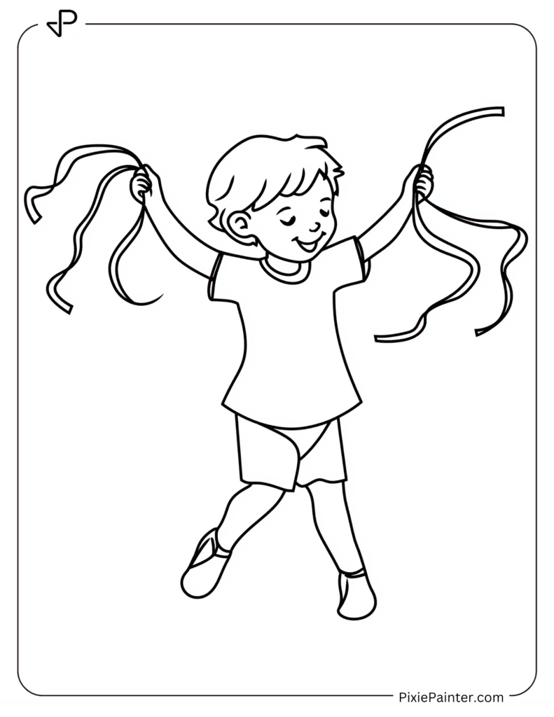 Happy New Year Coloring Page Where Child Dancing With Streamers