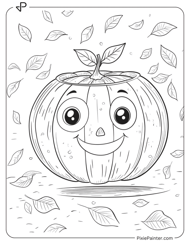 24. Happy Pumpkin With Falling Leaves