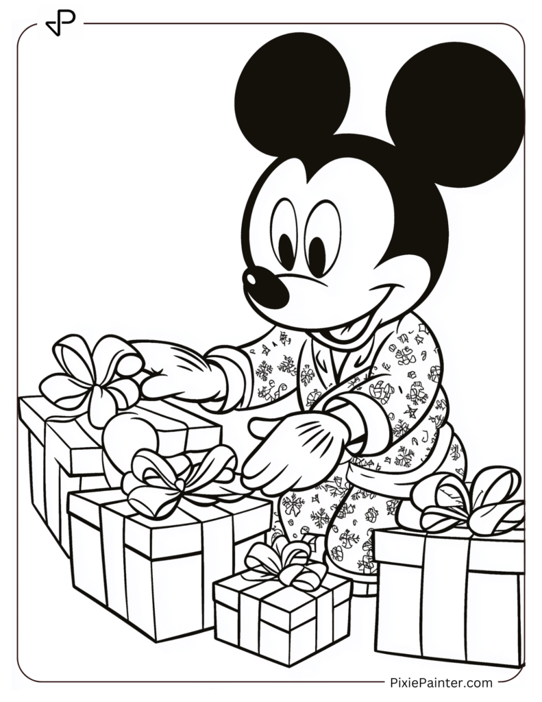 Mickey Mouse dressed in pajamas, opening presents on Christmas morning