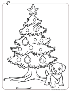 Small Christmas Tree Coloring Page | Puppy Next to a Decorated Tree With a Few Baubles