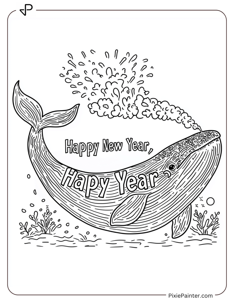 New Year Coloring Pages For Kids - Whale Blowing Water Spelling "Happy New Year."