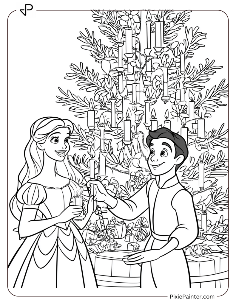 Christmas Coloring Page For Kids - Belle And Lumière With Tree