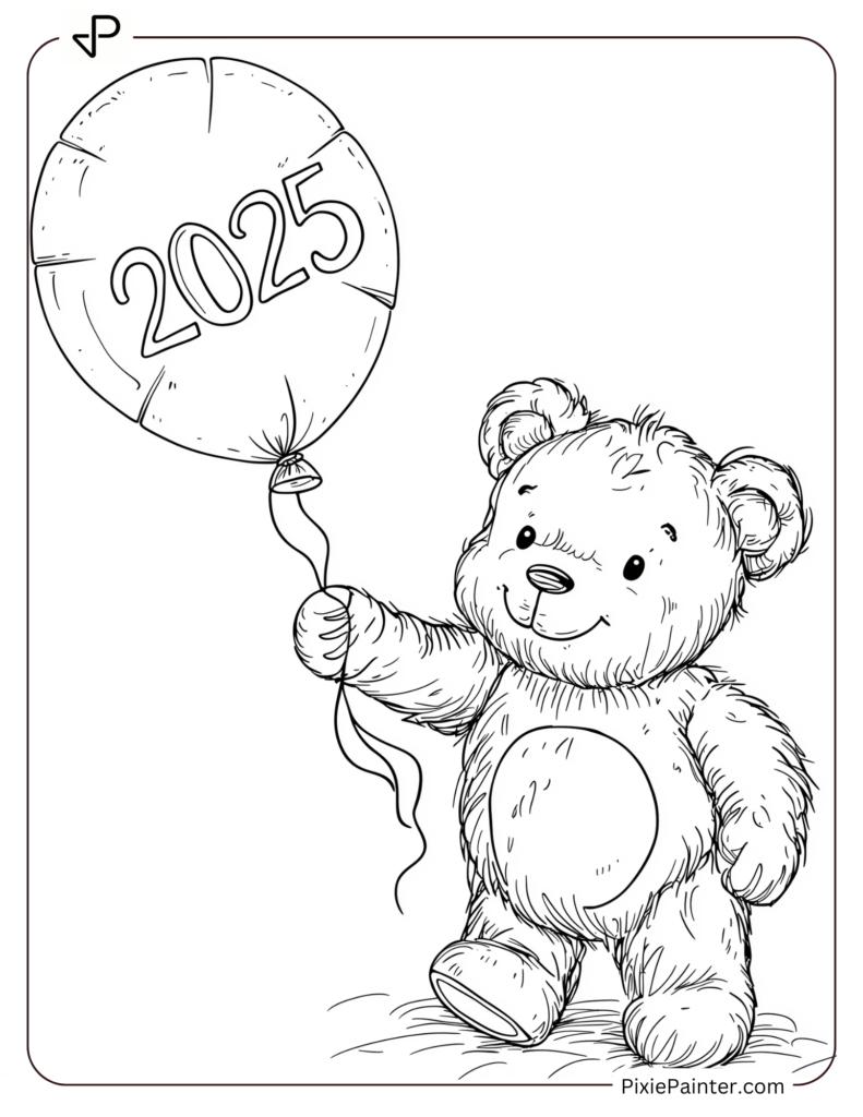 Coloring Page of A Teddy Bear Holding a _2025_ Balloon