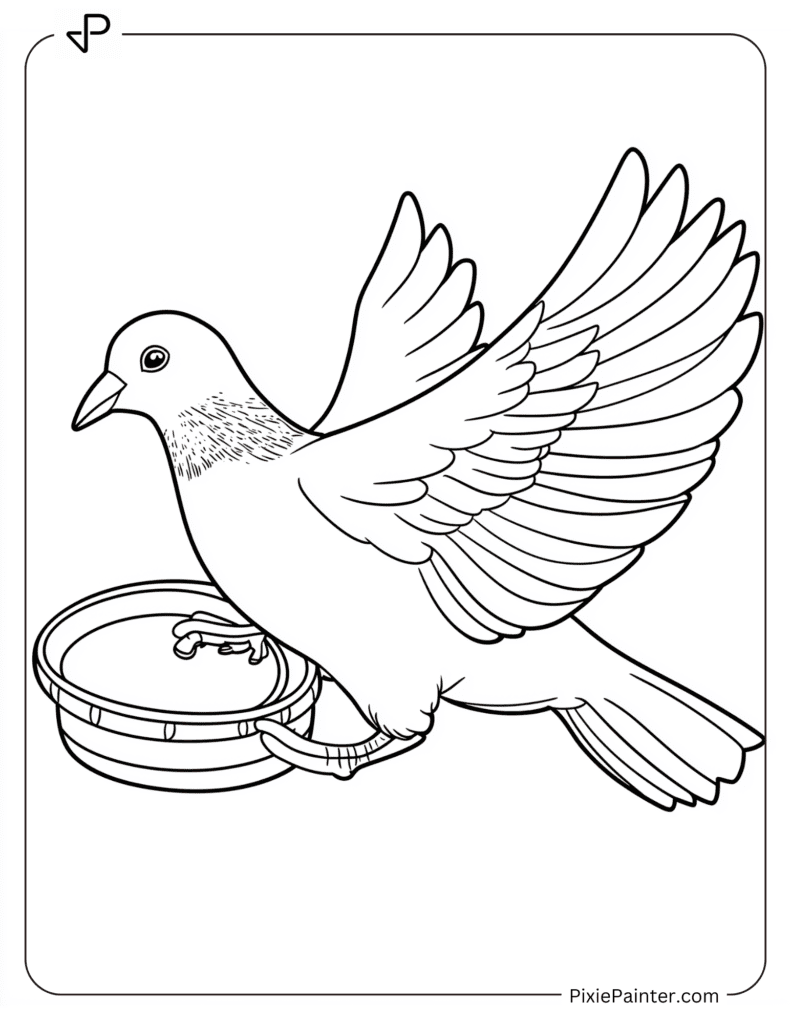 A pigeon holding a tiny tambourine