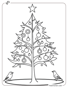 Small Christmas Tree Coloring Page | Birds Sitting by a Simple Tree With a Star and Baubles