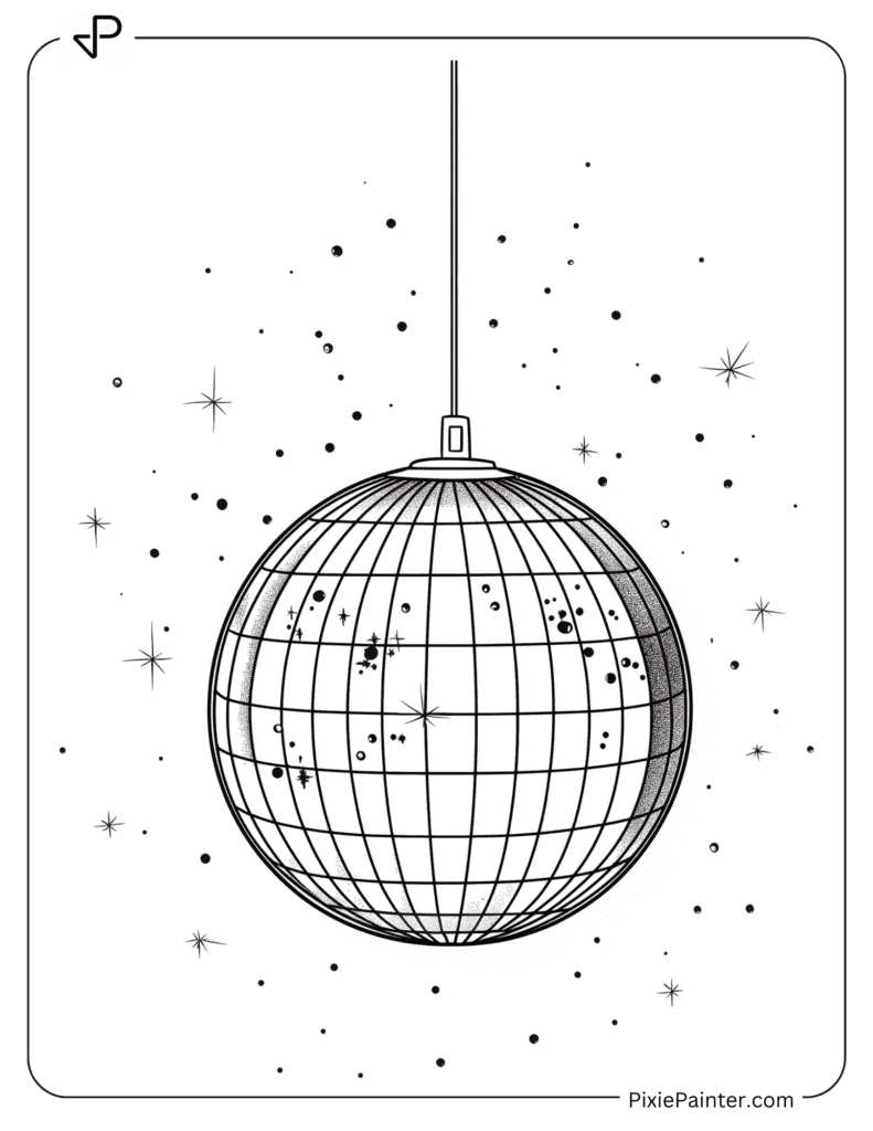 Happy New Year Coloring Page of Disco Ball With Sparkles