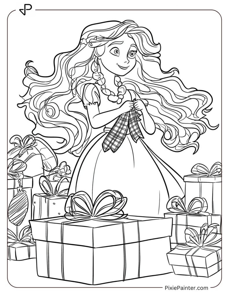 Disney Princess Merida tying tartan ribbons on Christmas presents for her family