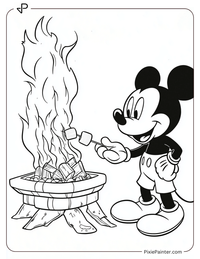 Mickey Mouse roasting marshmallows by a cozy fireplace