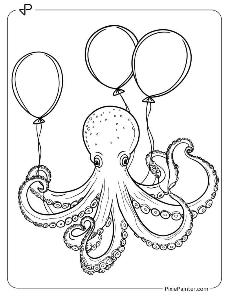 New Year Coloring Pages For Kids - Octopus Holding "Happy New Year" Balloons In Its Tentacles.