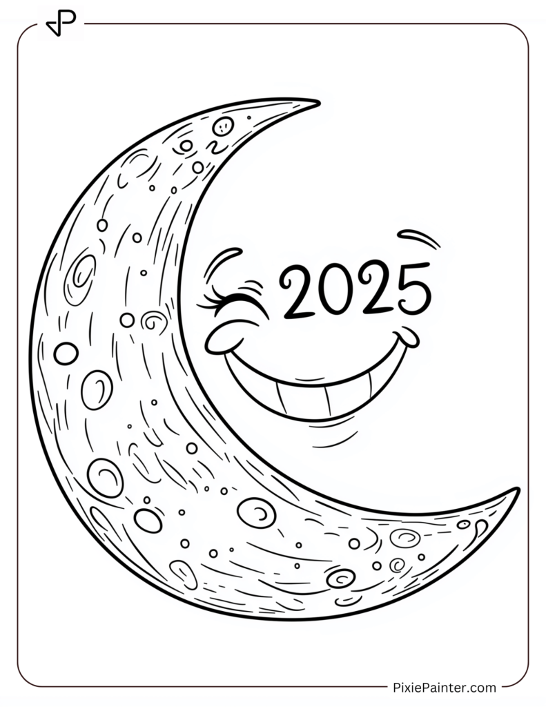 Coloring Page of A Crescent Moon Smiling With _2025_ Nestled Inside