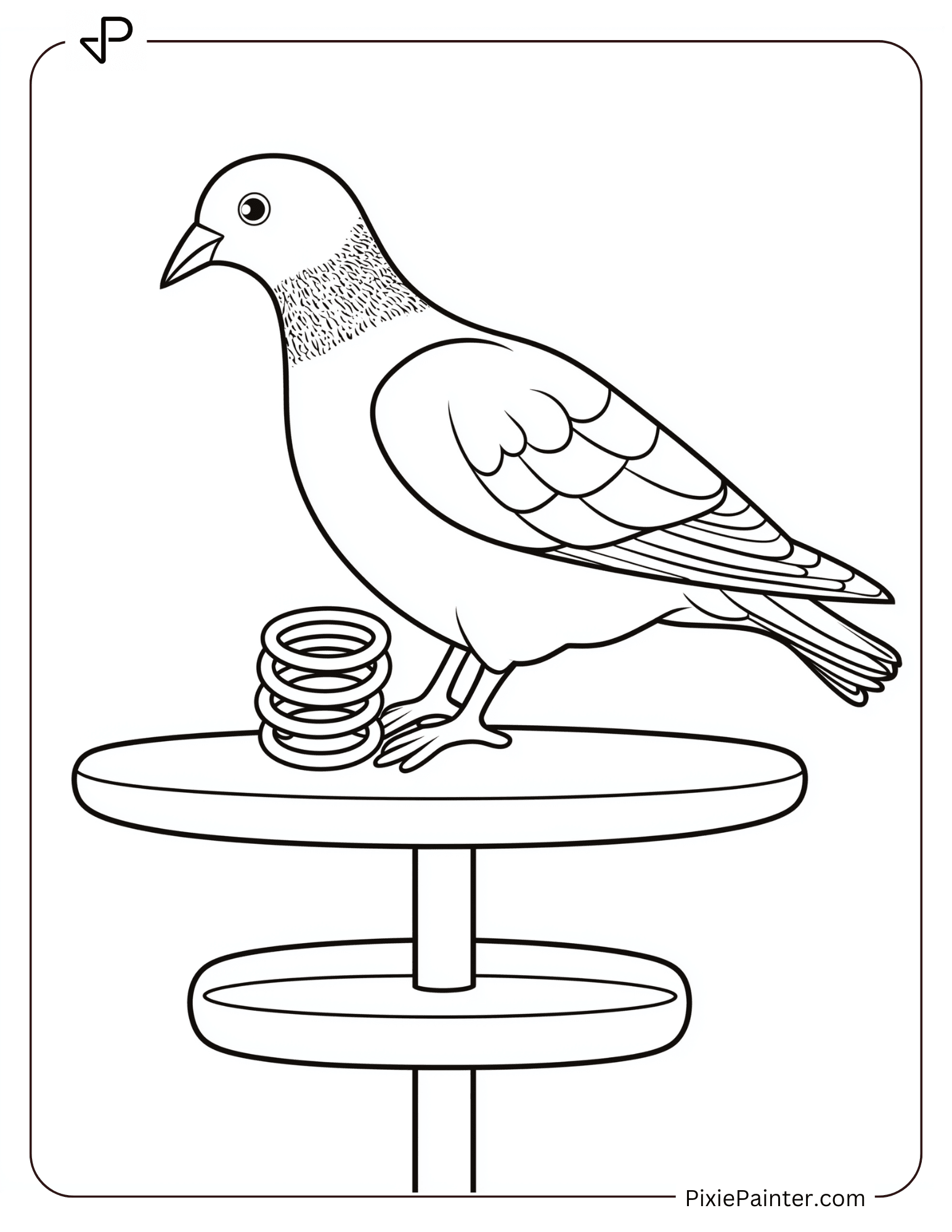 A pigeon stacking toy rings on a pole