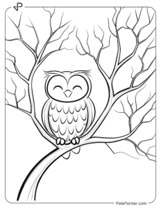 A smiling owl sitting on a bare tree branch