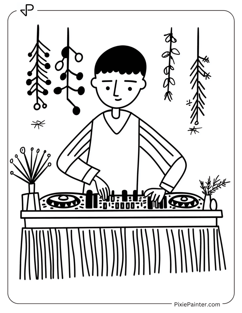 Happy New Year Coloring Page Where Cartoon Dj At A Festive Party