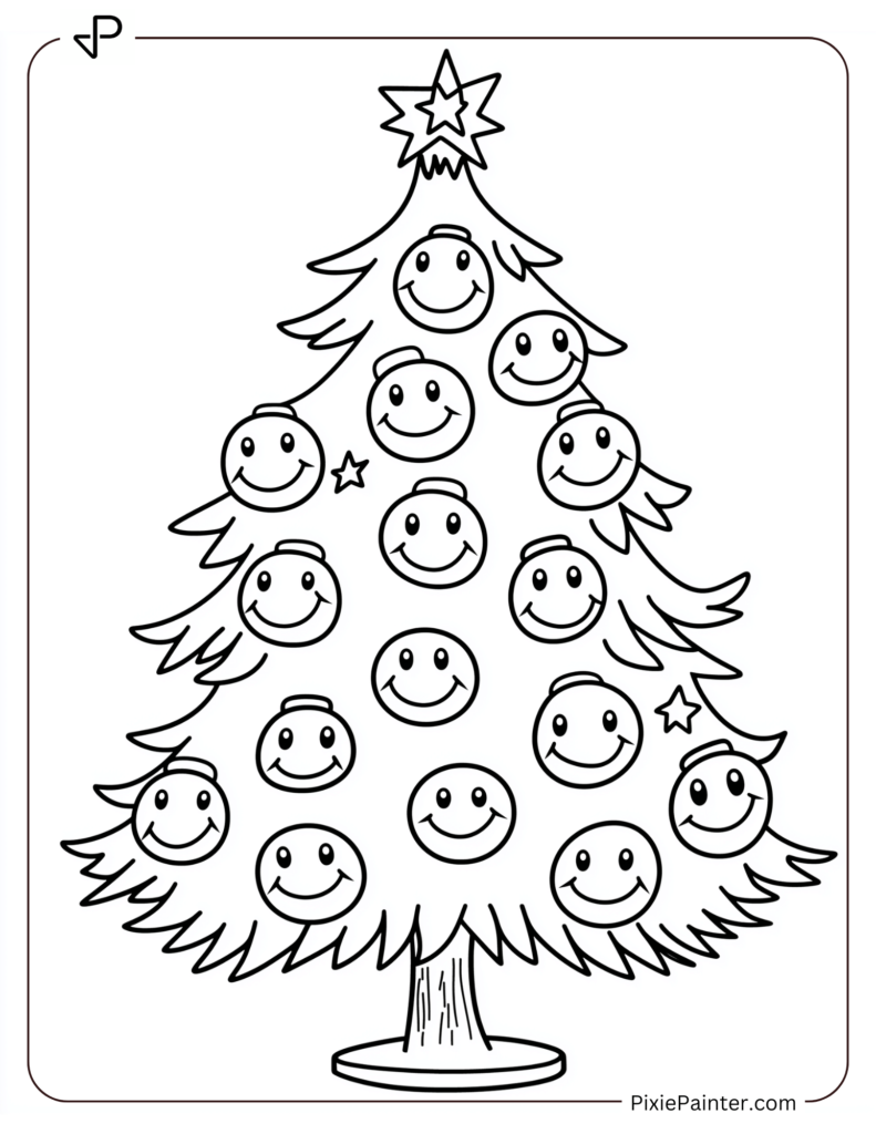 Christmas tree with smiley face ornaments