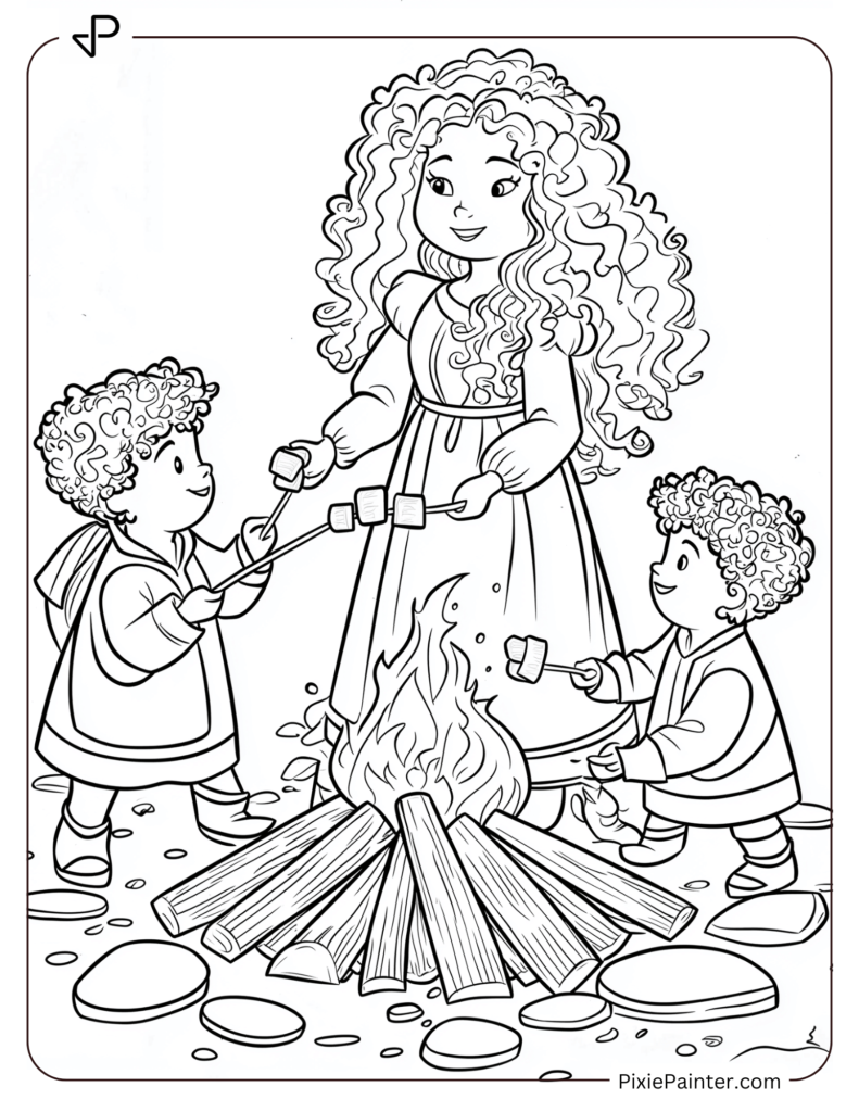 Disney Princess Merida roasting marshmallows over a festive bonfire with her brothers