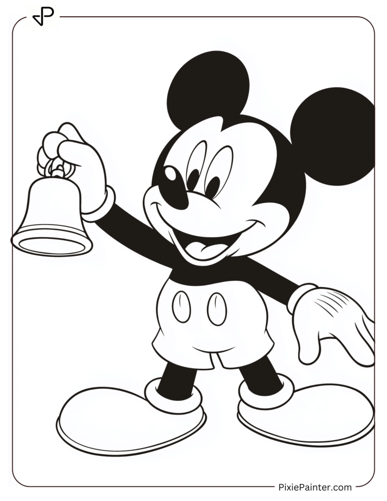 Mickey Mouse holding a Christmas bell and smiling