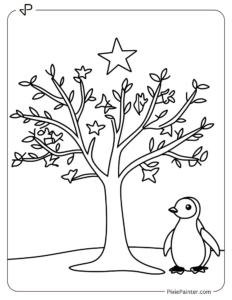 Small Christmas Tree Coloring Page | Penguin Standing Beside a Tiny Tree With Just a Star