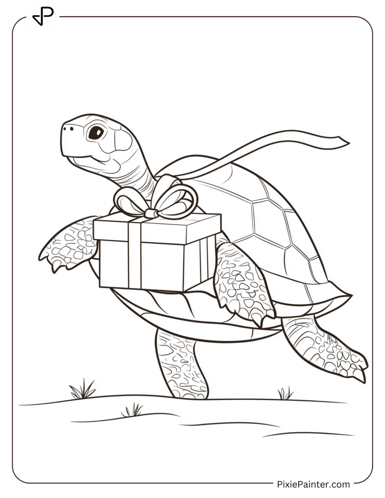 New Year Coloring Pages For Kids - Turtle Carrying A Gift Box Tied With "Happy New Year" Ribbon.