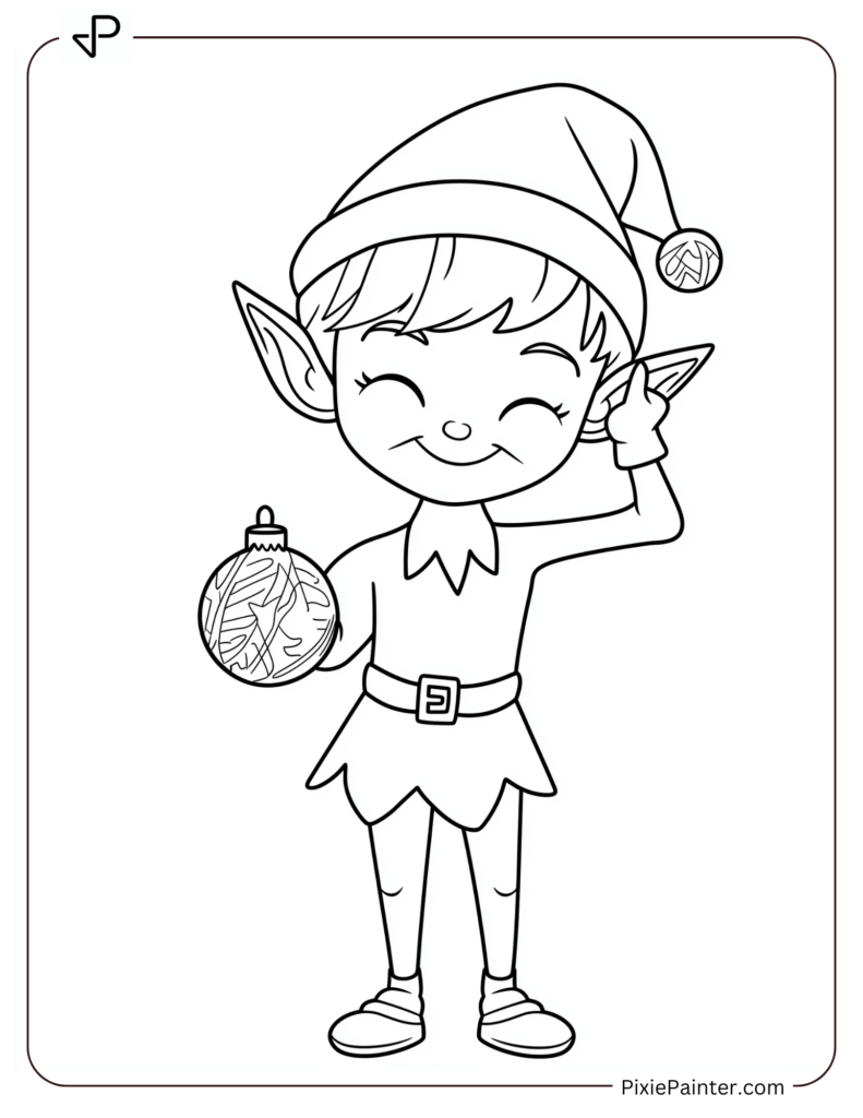 Christmas Coloring Page For Kids - Elf Winking With Ornament