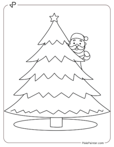 Small Christmas Tree Coloring Page | A Blank Christmas Tree With Santa Popping Out From Behind