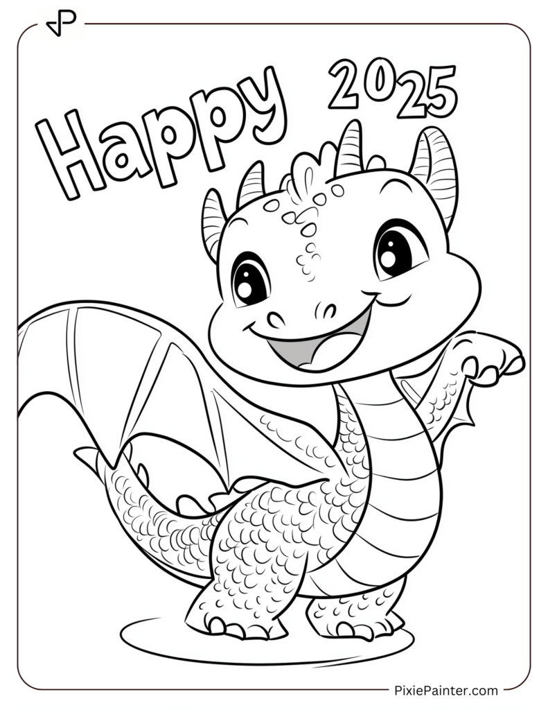 Coloring Page of A Playful Dragon With _Happy 2025_ Glowing Brightlyflying in the sky with clouds