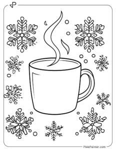 A mug with steam rising, surrounded by a few snowflakes