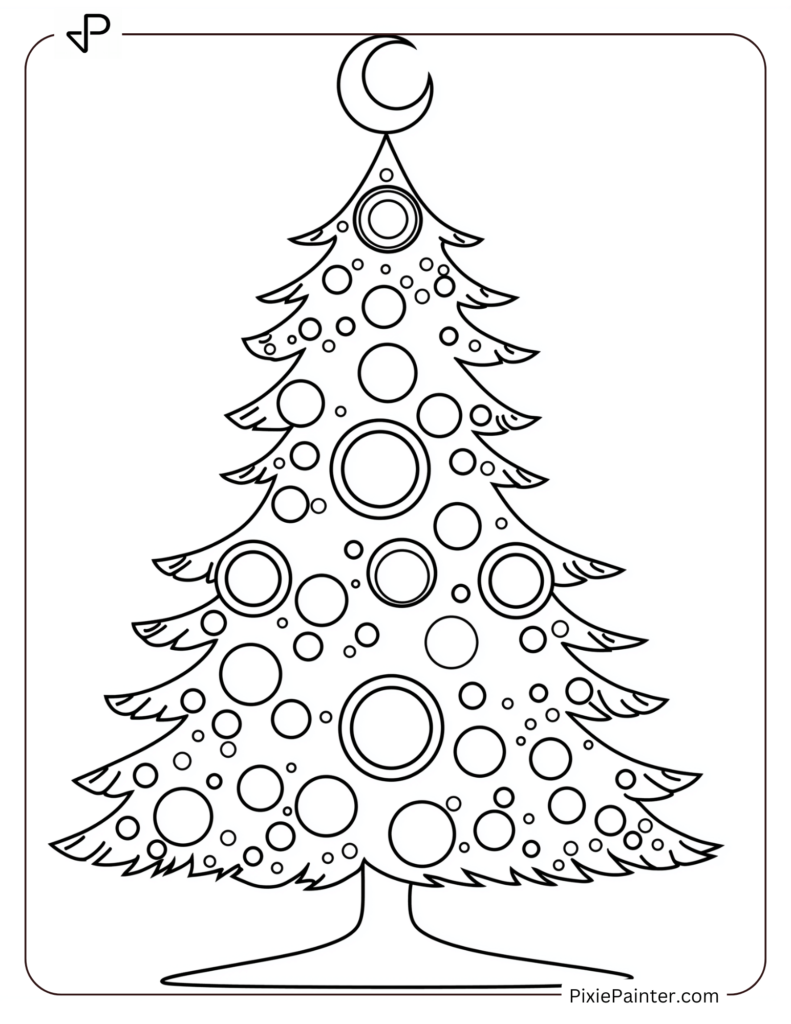 Christmas tree with circular ornaments and crescent moon topper