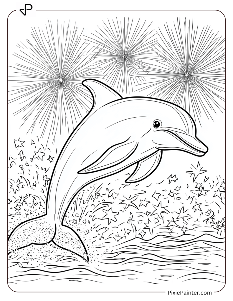 New Year Coloring Pages For Kids - Dolphin Jumping With Fireworks And "Happy New Year" In The Background.