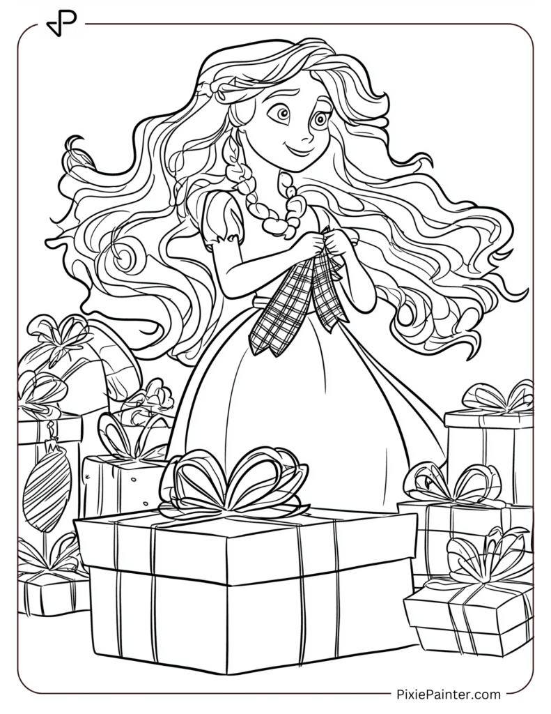 Disney Princess Merida tying tartan ribbons on Christmas presents for her family