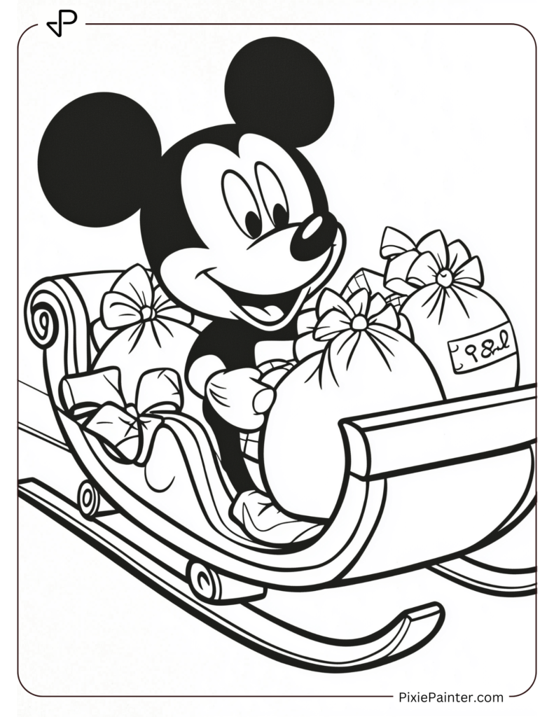 Mickey Mouse riding on Santa’s sleigh with bags of toys