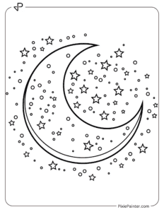 A crescent moon surrounded by tiny dots for stars