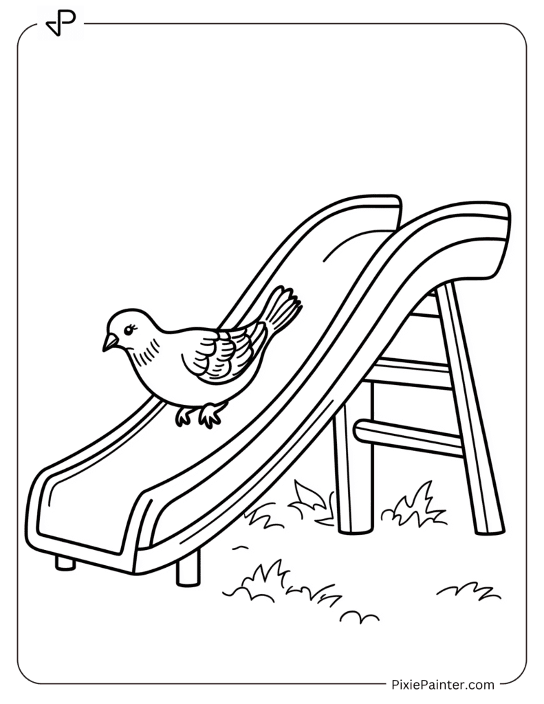 A pigeon sliding down a toy slide