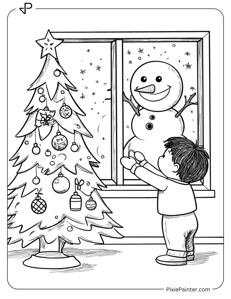 28. Christmas Tree Near Child Watching Snowman