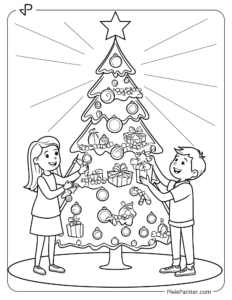 Small Christmas Tree Coloring Page | Christmas Tree With a Family of Three Decorating It