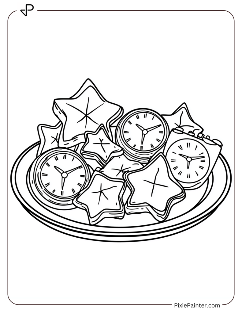 New Year Coloring Pages For Kids - Plate Of Cookies Shaped Like Stars And Clocks For New Year.