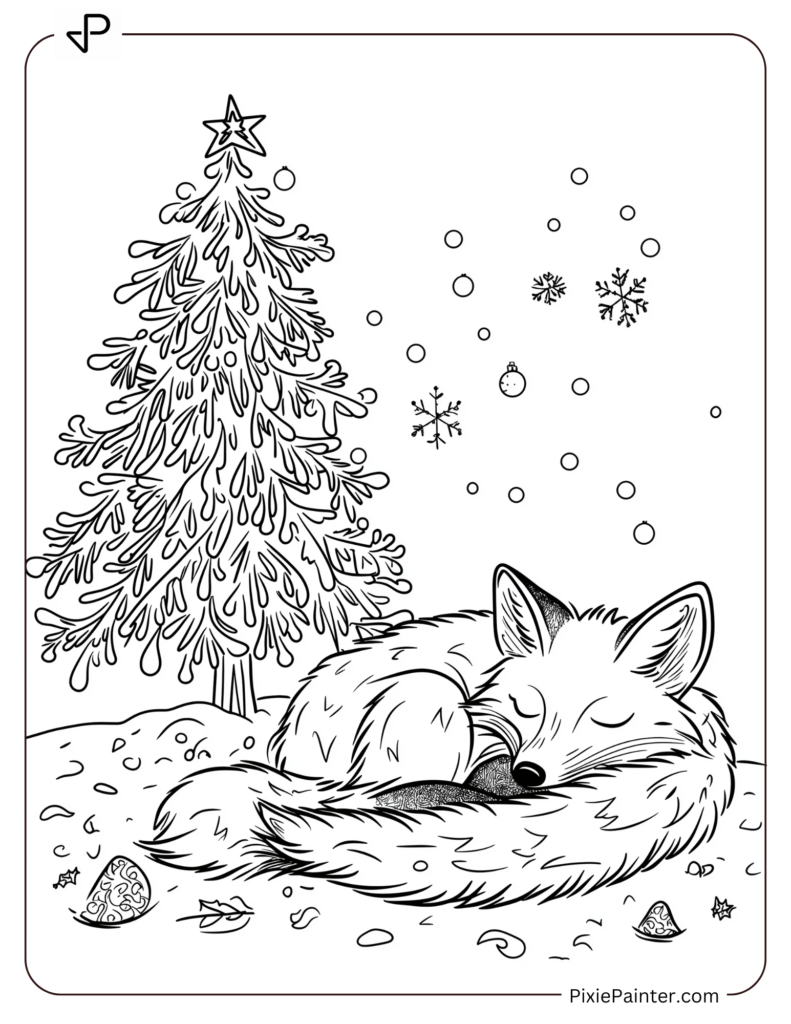 28. Fox Sleeping by a Christmas Tree in a Snowy Scene