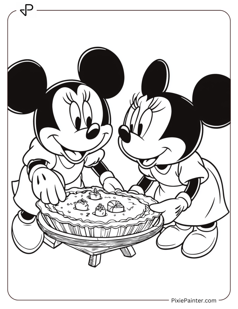 Mickey Mouse and Minnie Mouse baking a Christmas pie together