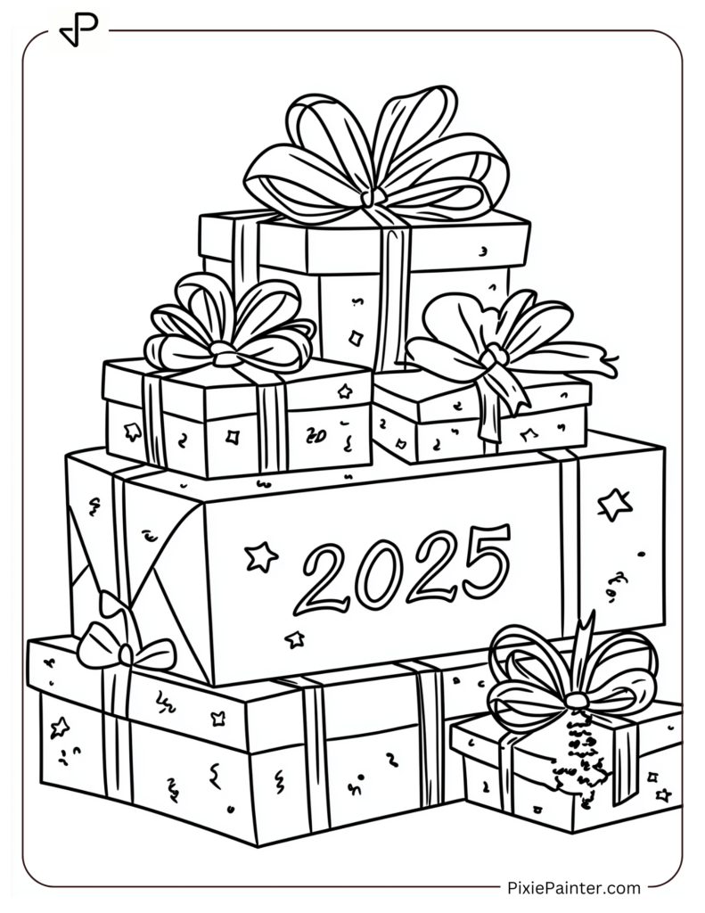 Coloring Page of Stacked Presents With _2025_ Written on the Largest Box