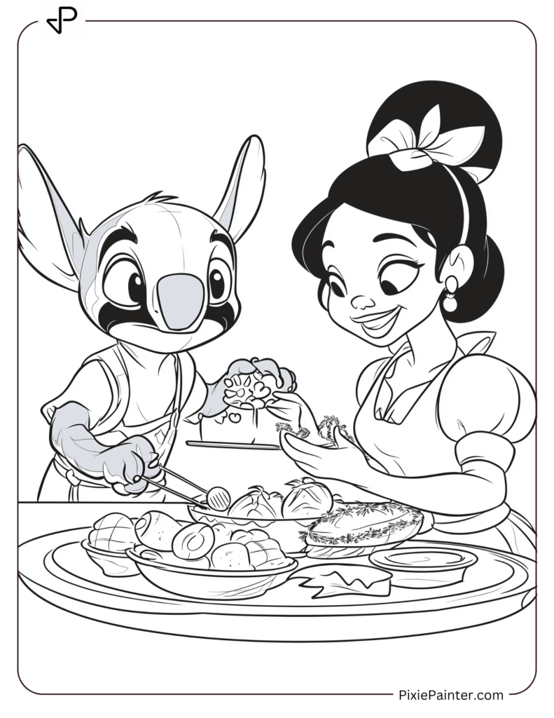 28. Stitch And Tiana Preparing A Holiday Feast