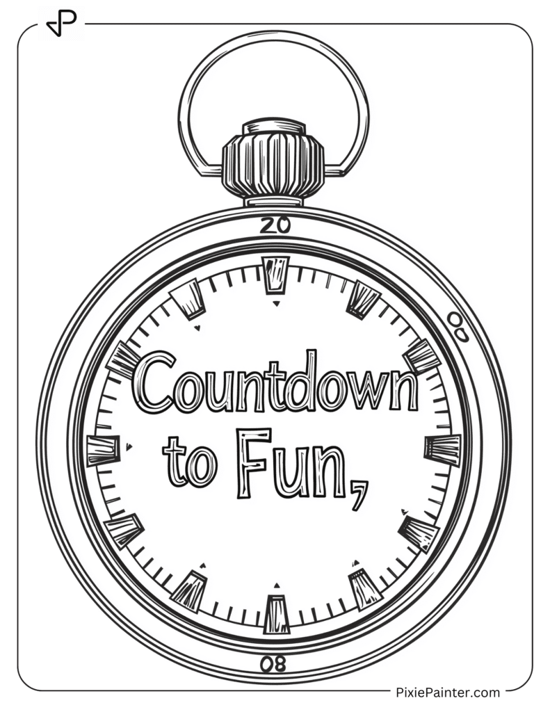 Happy New Year Coloring Page Where Stopwatch Labeled “Countdown To Fun”