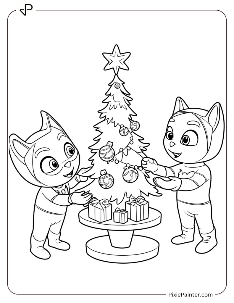 Christmas Coloring Page For Kids - Pj Masks Decorating Tree