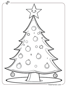 Small Christmas Tree Coloring Page | A Blank Christmas Tree With a Cartoon Star Winking on Top