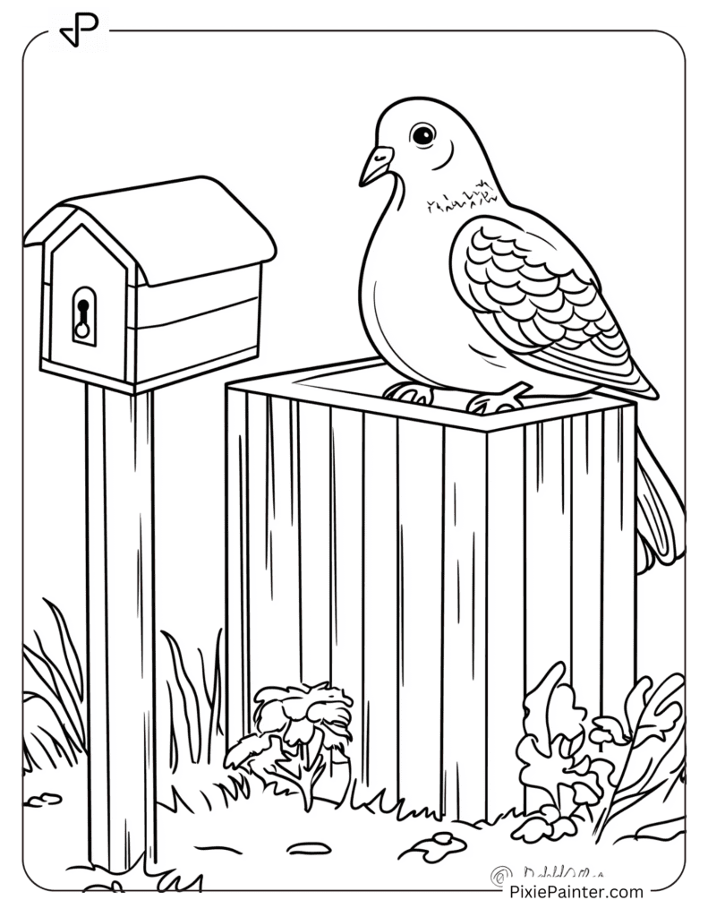 A pigeon sitting in a birdhouse with a tiny mailbox