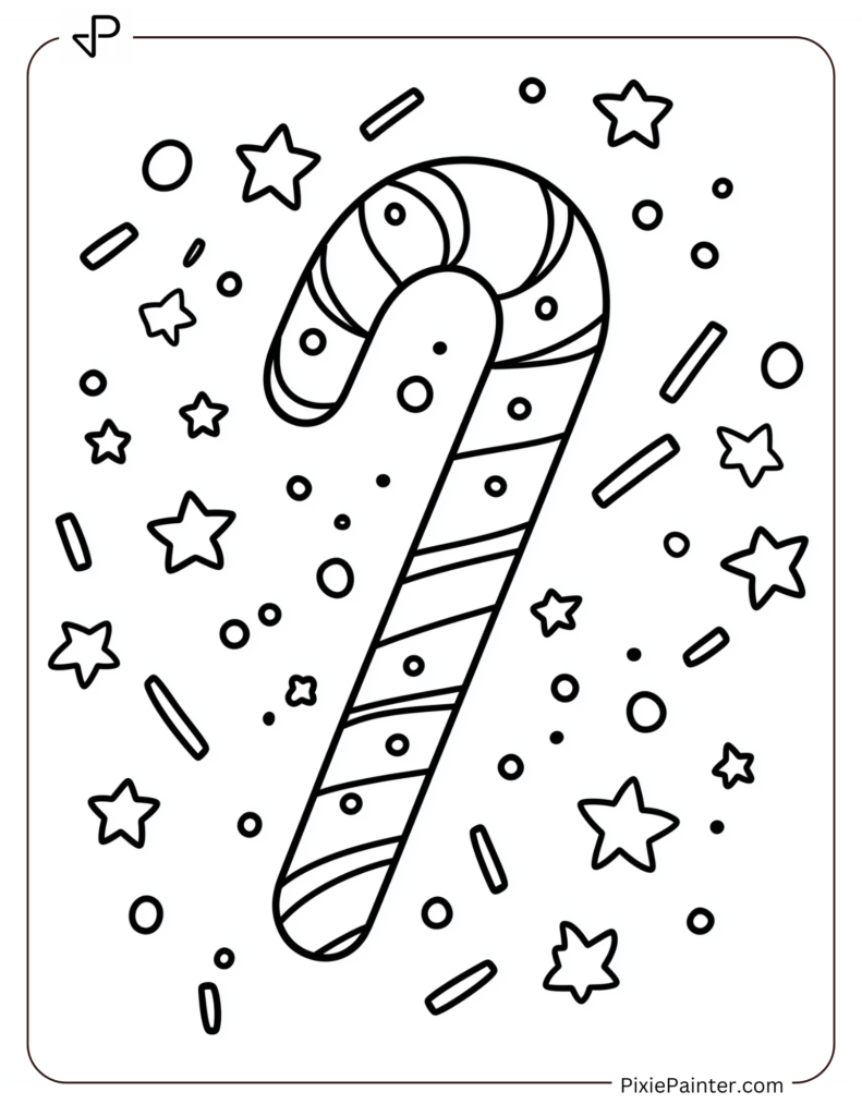 New Year Coloring Pages For Kids - Candy Cane Surrounded By Confetti And "Happy New Year" Stars.