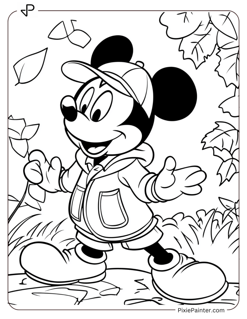 Mickey Mouse playing with leaves