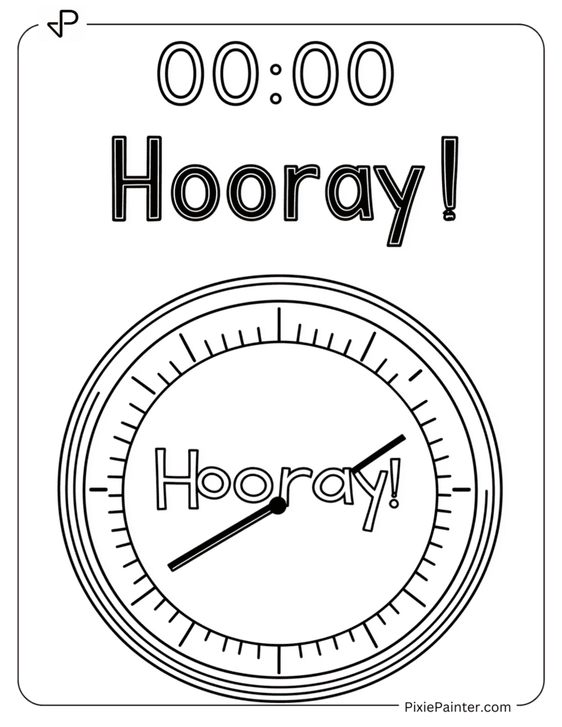 Happy New Year Coloring Page Where Timer At “00_00” With “Hooray!”