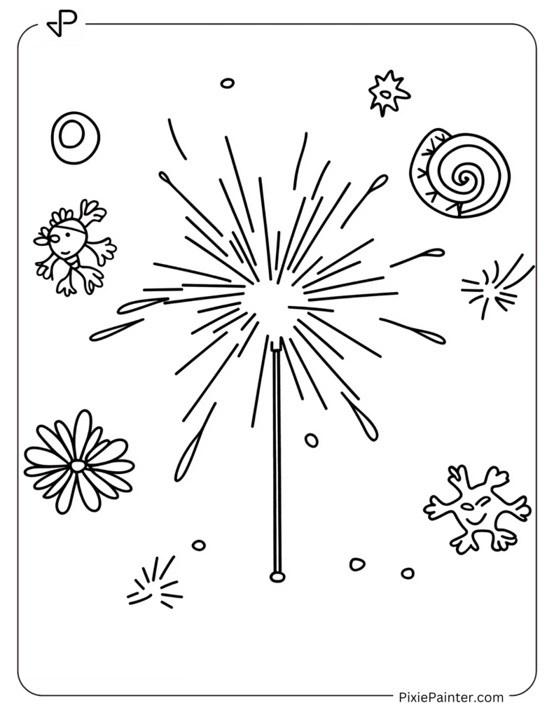 Happy New Year Coloring Page - A Sparkler With Festive Decorations