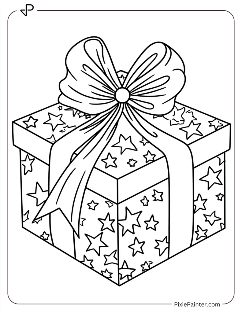 A star-patterned gift box tied with a ribbon bow